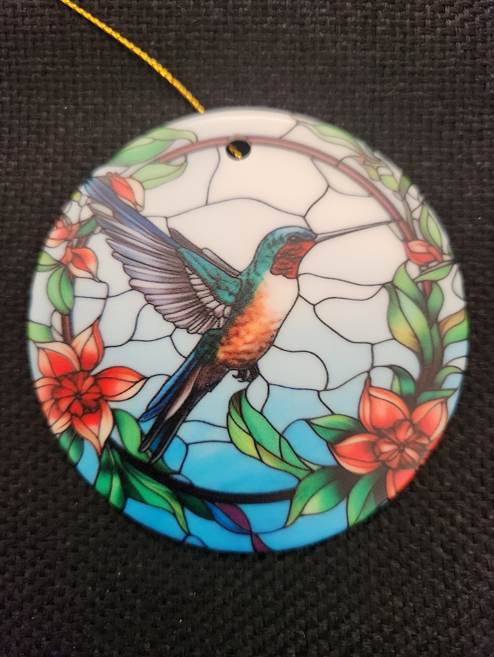 Hummingbird Ceramic Stained Glass-Style Round Ornament with Floral Motif